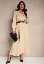 Beżowa Satynowa Sukienka w Stylu Szmizjerki z Imitacjami Kieszeni i Paskiem Vaminay. Brązowe sukienki damskie Renee, l, bez wzorów, z satyny, eleganckie, bez kołnierzyka, bez ramiączek, maxi, kopertowe. Za 159.99 zł.