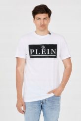 PHILIPP PLEIN T-shirt męski biały z dużym logo, Rozmiar L. Białe t-shirty męskie Philipp Plein, l, bez wzorów, bez kołnierzyka, bez ramiączek. W wyprzedaży za 799.99 zł.