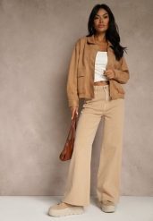 Beżowe Jeansy High Waist Wide Leg z Surowo Zakończonymi Nogawkami Rhelnell. Brązowe jeansy damskie Renee, bez wzorów, z jeansu, z podwyższonym stanem. Za 99.99 zł.