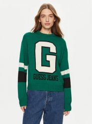 Guess Jeans Sweter W4BR11 Z3HN2 Zielony Regular Fit. Zielone swetry nierozpinane damskie Guess Jeans, m, z aplikacjami, z jeansu, bez kołnierzyka, bez ramiączek. Za 239.99 zł.