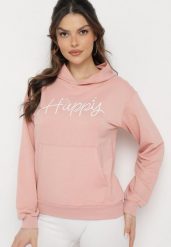 Różowa Bluza z Kapturem Ozdobiona Nadrukiem Aidirra. Czerwone bluzy damskie Born2be, l, bez wzorów, casualowe, bez ramiączek, z kapturem. Za 79.99 zł.