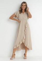 Beżowa Sukienka Mailcon. Brązowe sukienki damskie Born2be, na imprezę, na lato, bez wzorów, eleganckie, bez kołnierzyka, bez ramiączek, maxi, kopertowe. Za 74.99 zł.