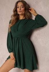 Ciemnozielona Sukienka Rozkloszowana z Gumką w Pasie Thelo. Zielone sukienki damskie Renee, m, bez wzorów, z tkaniny, eleganckie, bez kołnierzyka, bez ramiączek, mini, kopertowe. Za 69.99 zł.