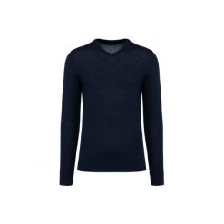 Sweter v-neck z merynosów Kariban Premium. Niebieskie swetry męskie KARIBAN, m, bez wzorów, bez kołnierzyka, bez ramiączek. Za 329.00 zł.