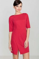Czerwona Elegancka Sukienka z Asymetrycznym Rozporkiem. Czerwone sukienki damskie Katrus, l, bez wzorów, z materiału, eleganckie, z asymetrycznym kołnierzem, bez ramiączek, asymetryczne. Za 239.00 zł.