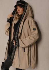 Ciemnobeżowa Kurtka Parka z Kapturem i Ściągaczem w Talii Ozdobiona Geometrycznym Wzorem Raliti. Brązowe kurtki damskie Renee, s, bez wzorów, z jeansu, z kapturem. Za 139.99 zł.