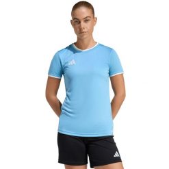 Koszulka damska adidas Entrada 26 Jersey. Niebieskie bluzki damskie Adidas, bez wzorów, z jersey, sportowe, bez kołnierzyka, bez ramiączek. Za 60.99 zł.