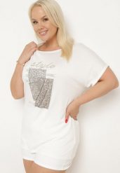 Biały Bawełniany T-shirt z Ozdobnym Napisem i Cyrkoniami Krisiona. Białe t-shirty damskie Born2be, l, bez wzorów, z bawełny, biznesowe, bez kołnierzyka, bez ramiączek. Za 34.99 zł.