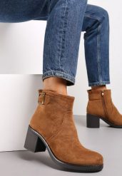 Brązowe Botki na Obcasie z Ozdobnym Paskiem z Klamrą Zula. Brązowe botki damskie Renee, bez wzorów, bez obcasa, na obcasie, bez zapięcia. Za 139.99 zł.