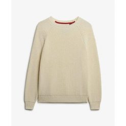 Sweter z prążkowanego dzianiny dla kobiet Superdry. Białe swetry nierozpinane damskie Superdry, na zimę, bez wzorów, z dzianiny, bez kołnierzyka, bez ramiączek. Za 284.00 zł.
