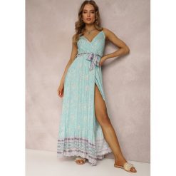 Miętowa Sukienka Zinsey. Zielone sukienki damskie Renee, l, bez wzorów, z materiału, wizytowe, bez kołnierzyka, bez ramiączek, maxi, kopertowe. Za 74.99 zł.