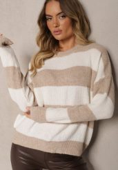 Beżowy Sweter ze Ściągaczami Ozdobiony Pasami z Wełną Tiarosea. Brązowe swetry nierozpinane damskie Renee, bez wzorów, z jeansu, casualowe, bez kołnierzyka, bez ramiączek. Za 119.99 zł.