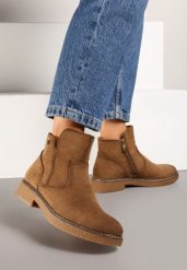 Brązowe Botki na Płaskiej Podeszwie z Ozdobnymi Przeszyciami Harirae. Brązowe botki damskie Renee, bez wzorów, z jeansu, eleganckie, z okrągłym noskiem, bez obcasa, na płaskiej podeszwie, bez zapięcia. Za 79.99 zł.