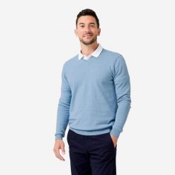 Sweter do golfa męski MW100 dekolt w serek. Niebieskie swetry męskie INESIS, l, bez wzorów, z bawełny, eleganckie, bez kołnierzyka, bez ramiączek. Za 69.99 zł.