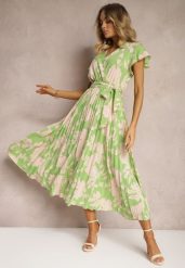 Zielono-Beżowa Kopertowa Plisowana Sukienka Koktajlowa z Gumką i Paskiem w Talii Benelsea. Zielone sukienki damskie Renee, m, bez wzorów, z materiału, eleganckie, bez kołnierzyka, bez ramiączek, maxi, dopasowane. Za 59.99 zł.