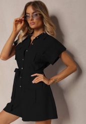 Czarny Taliowany Kombinezon Wiązany w Pasie Zapinany na Guziki Tenadea. Czarne sukienki damskie Renee, na co dzień, l, z aplikacjami, eleganckie, bez kołnierzyka, bez ramiączek, dopasowane. Za 119.99 zł.