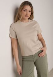 Beżowy Bawełniany T-shirt w Klasycznym Stylu Hetita. Brązowe t-shirty damskie Born2be, m, bez wzorów, z bawełny, casualowe, bez kołnierzyka, bez ramiączek. Za 69.99 zł.