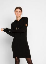 Sukienka dzianinowa z kapturem. Czarne sukienki damskie bonprix, bez wzorów, z dzianiny, bez kołnierzyka, bez ramiączek. Za 124.99 zł.