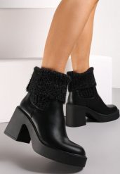 Czarne Botki z Wywijaną Pluszową Cholewką Elssane. Czarne botki damskie Renee, bez wzorów, bez obcasa, na obcasie, bez zapięcia. Za 149.99 zł.