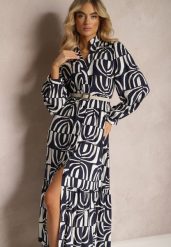 Granatowa Długa Sukienka Rozkloszowana w Geometryczne Wzory z Kołnierzykiem Skulle. Niebieskie sukienki damskie Renee, m, bez wzorów, z materiału, bez kołnierzyka, bez ramiączek, maxi, rozkloszowane. Za 109.99 zł.