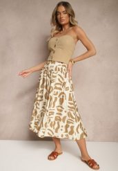 Beżowe Szerokie Spodnie Culottes z Gumką Zdobione Geometrycznym Printem Sartebia. Brązowe spodnie materiałowe damskie Renee, z aplikacjami, z jeansu, eleganckie. Za 44.99 zł.