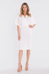 Sukienka elegancka midi kimonowa góra dopasowany dół ecru. Sukienki damskie Stylove, do pracy, l, bez wzorów, z poliesteru, biznesowe, bez kołnierzyka, bez ramiączek, midi, dopasowane. Za 289.00 zł.