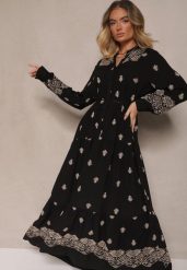 Czarna Rozkloszowana Sukienka Ozdobiona Haftem i Wzorem Boho Ronavere. Czarne sukienki damskie Renee, na co dzień, na lato, l, bez wzorów, boho, bez kołnierzyka, bez ramiączek, maxi, kopertowe. Za 159.99 zł.