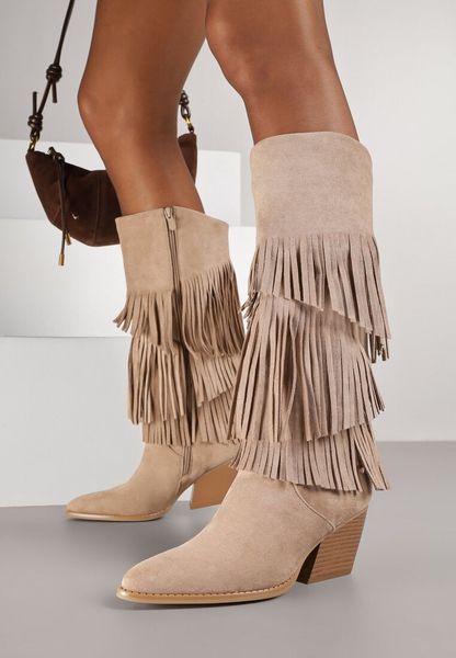 Ciemnobeżowe Kozaki Kowbojki na Stożku Ozdobione Frędzlami Giolanda. Brązowe kozaki damskie Renee, bez wzorów, bez obcasa, na obcasie, bez zapięcia. Za 149.99 zł.