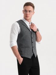 Kamizelka męska garniturowa z kołnierzem - grafitowa V1. Szare garnitury męskie Ombre Clothing, m, bez wzorów, z poliesteru. W wyprzedaży za 169.99 zł.