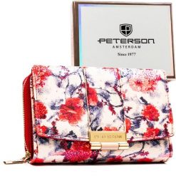 Wielokolorowy portfel damski wykonany ze skóry ekologicznej, ozdobiony kwiatowym wzorem - Peterson. Portfele damskie Peterson, ze skóry ekologicznej. Za 99.99 zł.