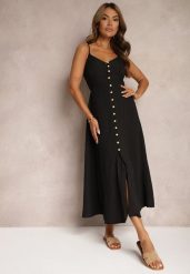 Czarna Taliowana Sukienka na Guziki na Ramiączkach z Regulacją Quafea. Czarne sukienki damskie Renee, na co dzień, s, bez wzorów, eleganckie, bez kołnierzyka, bez ramiączek, midi, kopertowe. Za 74.99 zł.