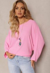 Różowa Bluzka o Fasonie Nietoperza z Naszyjnikiem Kenola. Czerwone bluzki damskie Renee, bez wzorów, eleganckie, bez kołnierzyka, bez ramiączek. Za 44.99 zł.