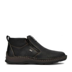 Botki Rieker. Czarne botki męskie Rieker, bez wzorów, bez obcasa, bez zapięcia. Za 399.99 zł.