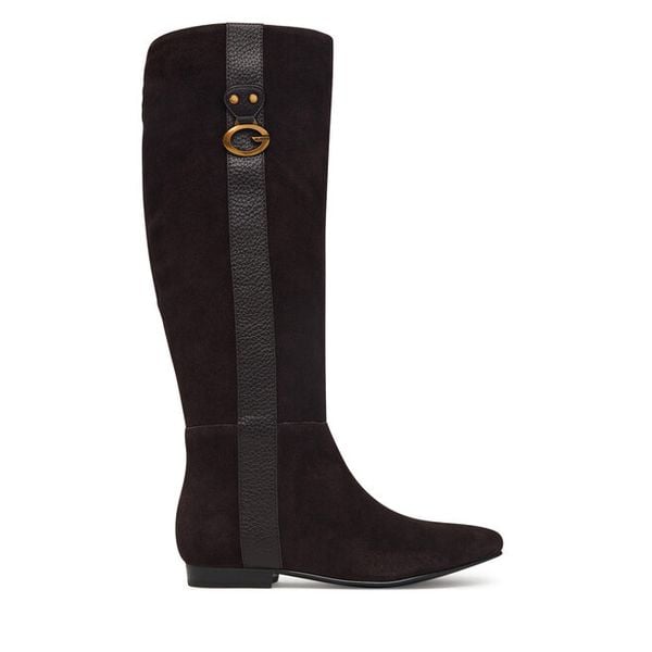 Kozaki Guess. Brązowe kozaki damskie Guess, z aplikacjami, bez obcasa, na płaskiej podeszwie, bez zapięcia. Za 824.99 zł.