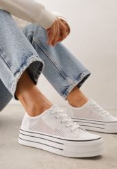 Białe Ażurowe Trampki na Platformie Irivana. Białe trampki i tenisówki damskie Renee, w ażurowe wzory, z jeansu, bez zapięcia. Za 79.99 zł.