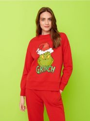 Bluza z nadrukiem Grinch - czerwony. Czerwone bluzy damskie Sinsay, l, bez wzorów, z bawełny, sportowe, bez ramiączek, bez kaptura. Za 49.99 zł.