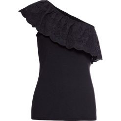 Top na jedno ramię z ażurowym haftem bonprix czarny. Czarne topy damskie bonprix, w ażurowe wzory, bez kołnierzyka, bez ramiączek. Za 49.99 zł.