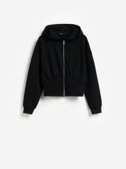 Rozpinana bluza z kapturem - czarny. Czarne bluzy damskie Reserved, l, bez wzorów, z bawełny, bez ramiączek, z kapturem. Za 129.99 zł.