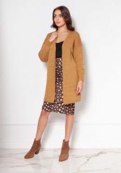 Klasyczny Dłuższy Kardigan bez Zapięcia - Musztardowy. Brązowe kardigany damskie Lanti, l, bez wzorów, z elastanu, klasyczne, bez kołnierzyka. Za 218.90 zł.