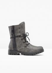 Kozaki zimowe Rieker. Szare kozaki damskie bonprix, na zimę, bez wzorów, bez obcasa, bez zapięcia. Za 359.99 zł.