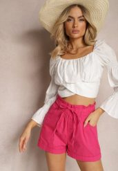 Fuksjowe Szorty z Guzikami i Gumką w Pasie Ściągane Troczkiem Amalilena. Czerwone szorty damskie Renee, bez wzorów, z szyfonu, eleganckie. Za 39.99 zł.
