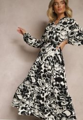 Czarna Pudełkowa Sukienka z Wiskozy w Kwiatowy Print Ridielia. Czarne sukienki damskie Renee, na co dzień, m, bez wzorów, z wiskozy, eleganckie, bez kołnierzyka, bez ramiączek, maxi, kopertowe. Za 69.99 zł.