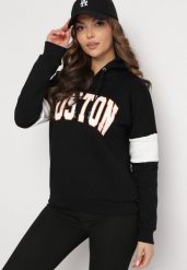 Czarna Bluza z Kapturem i Ozdobnym Nadrukiem Ocieplona Polarem Cliose. Czarne bluzy damskie Born2be, bez wzorów, z bawełny, casualowe, bez ramiączek, z kapturem. Za 89.99 zł.