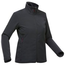 Kurtka turystyczna damska Softshell Forclaz MT100. Czarne kurtki sportowe damskie FORCLAZ, l, bez wzorów, z polaru, bez ramiączek, bez kaptura, trekkingowe. Za 199.99 zł.