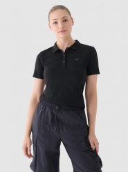 4F Koszulka polo slim damska - czarna L. Czarne bluzki damskie 4F, l, bez wzorów, z bawełny, klasyczne, bez kołnierzyka, bez ramiączek. Za 89.99 zł.
