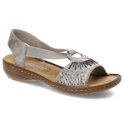 Srebrne Sandały Rieker Eleganckie Obuwie Damskie. Szare sandały damskie Rieker, bez wzorów, bez obcasa, bez zapięcia. Za 239.00 zł.