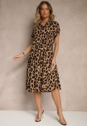 Brązowo-Czarna Koszulowa Sukienka z Bawełny w Panterkowy Print Iffiera. Brązowe sukienki damskie Renee, na co dzień, l, bez wzorów, z bawełny, klasyczne, bez kołnierzyka, bez ramiączek, midi, koszulowe. Za 39.99 zł.
