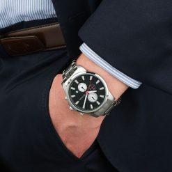 Zegarek męski na bransolecie duży solidny chronograf datownik srebrny Beltimore BT04. Szare zegarki męskie bez wzorów, srebrne. Za 149.99 zł.
