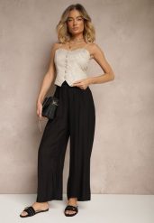 Czarne Spodnie High Waist o Szerokim Kroju z Wiązaniem Telisiela. Czarne spodnie materiałowe damskie Renee, bez wzorów, z jeansu, eleganckie, z podwyższonym stanem. Za 39.99 zł.