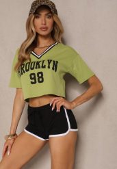 Zielony T-shirt z Bawełny Ozdobiony Napisem Lireline. Zielone t-shirty damskie Renee, m, bez wzorów, z bawełny, eleganckie, bez kołnierzyka, bez ramiączek. Za 34.99 zł.